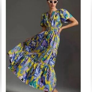 Like NEW! Anthropologie Somerset Maxi purple green Floral  Dress size L